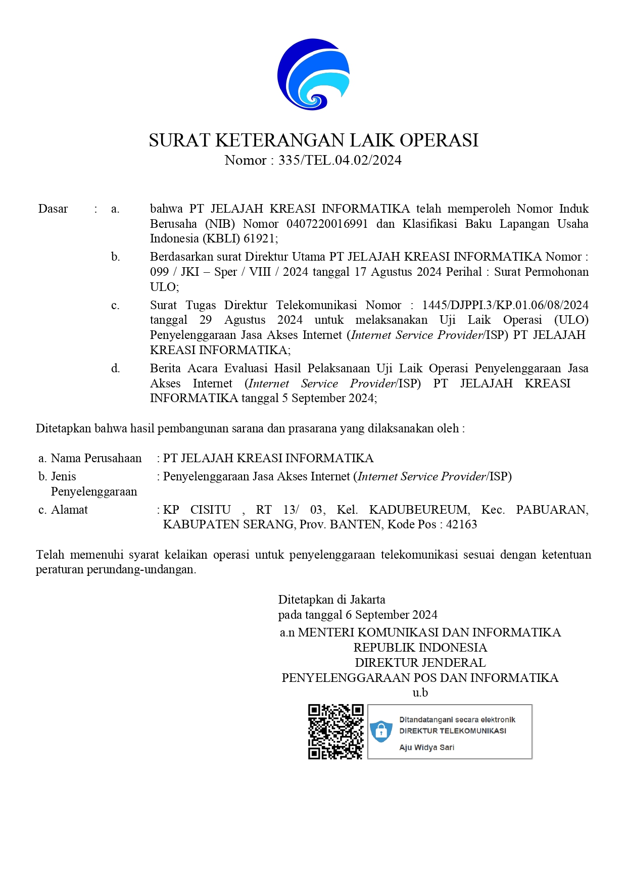 Surat Keterangan Laik Operasi (SKLO) ISP